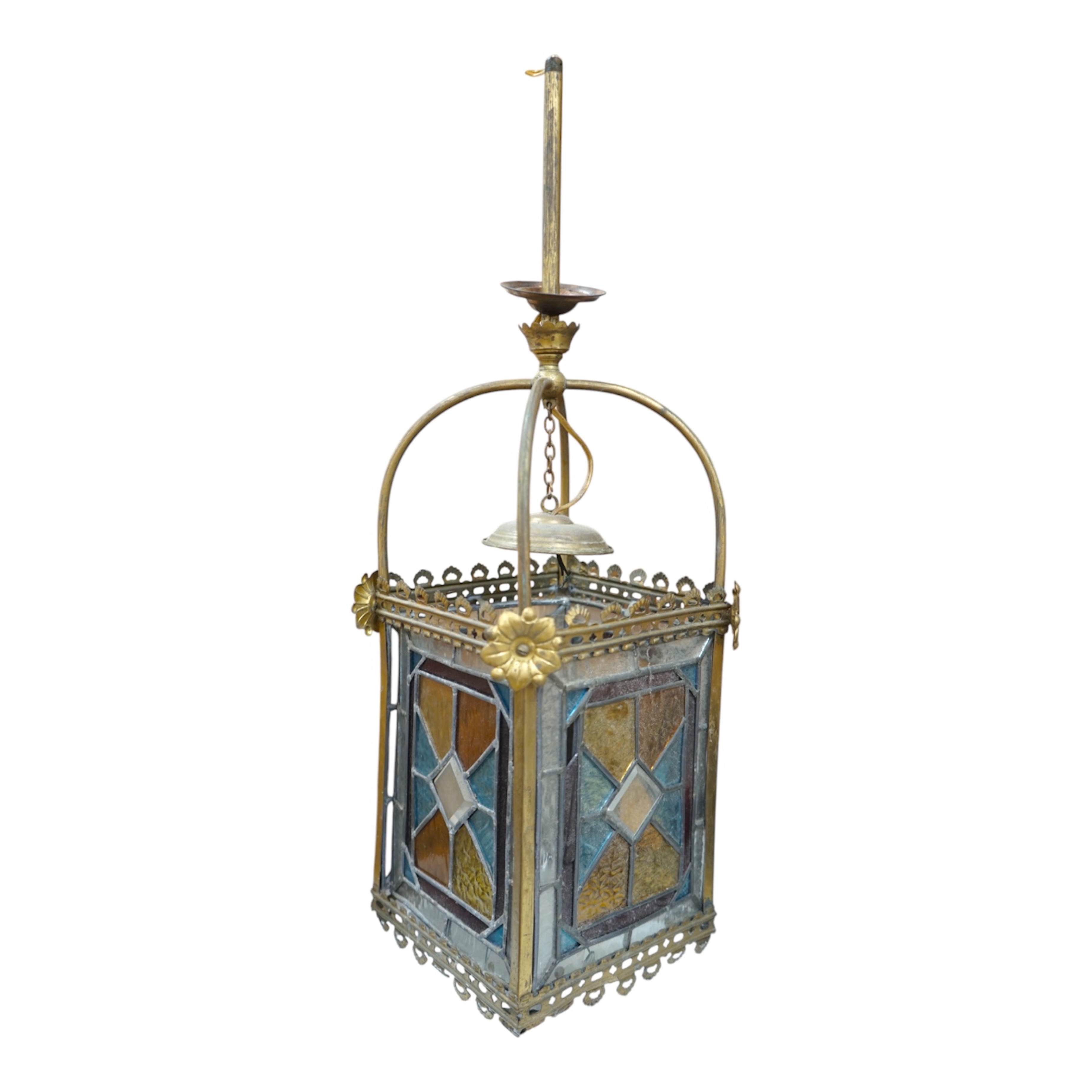 A Victorian coloured leaded glass and brass hall lantern, 65cm high. Condition - fair.